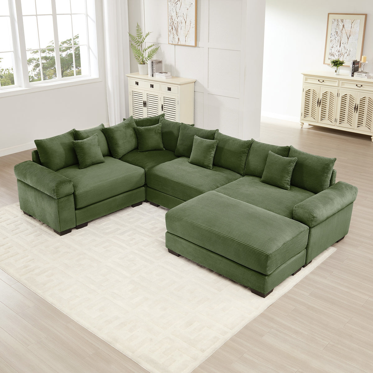 Oversized Cloud Modular Sectional Couch,Convertible Sectional Couches,Extra-Thick Armrests  With An Ottoman,Premium Corduroy Fabric, Ergonomic Design, Easy Assembly, For Living Rooms bedroom,Green