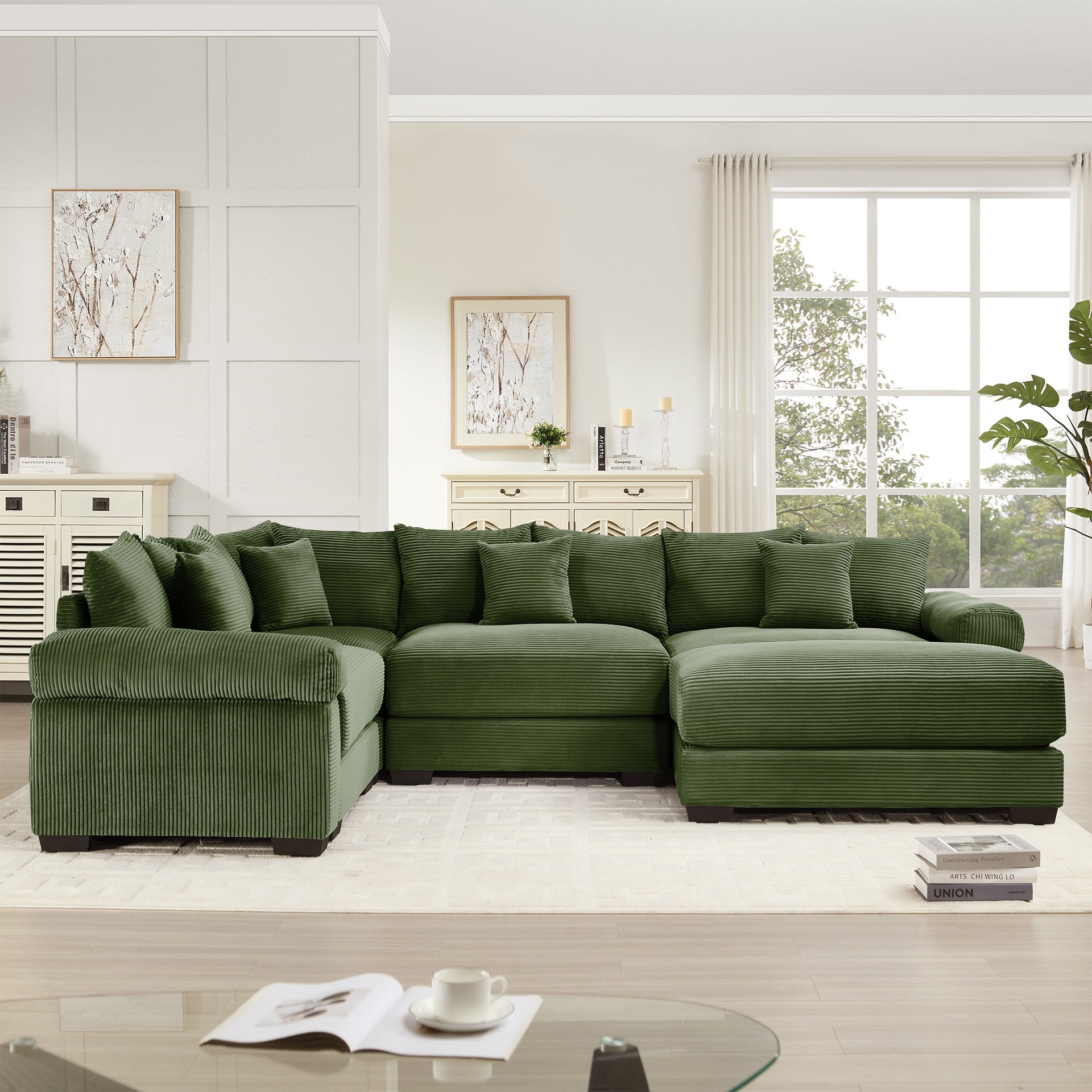Oversized Cloud Modular Sectional Couch,Convertible Sectional Couches,Extra-Thick Armrests  With An Ottoman,Premium Corduroy Fabric, Ergonomic Design, Easy Assembly, For Living Rooms bedroom,Green