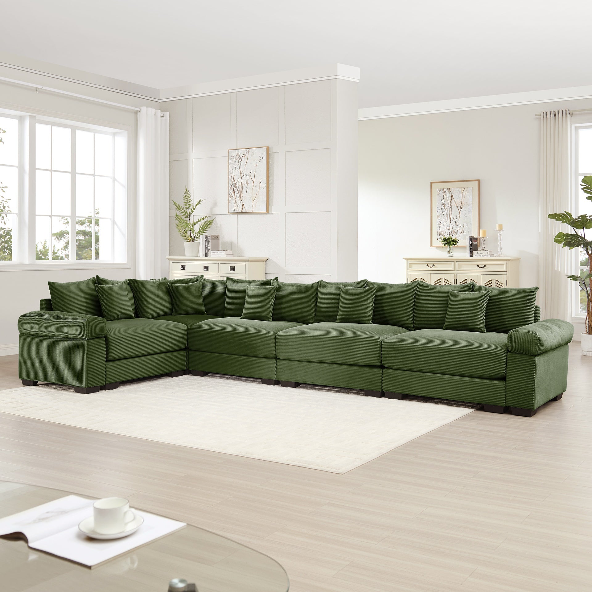 Oversized Cloud Modular Sectional Couch,Convertible Sectional Couches Deep Seat Extra-Wide Armrests, 18Throw Pillows Premium Corduroy Fabric, Ergonomic Design,Easy Assembly, For Study,Green