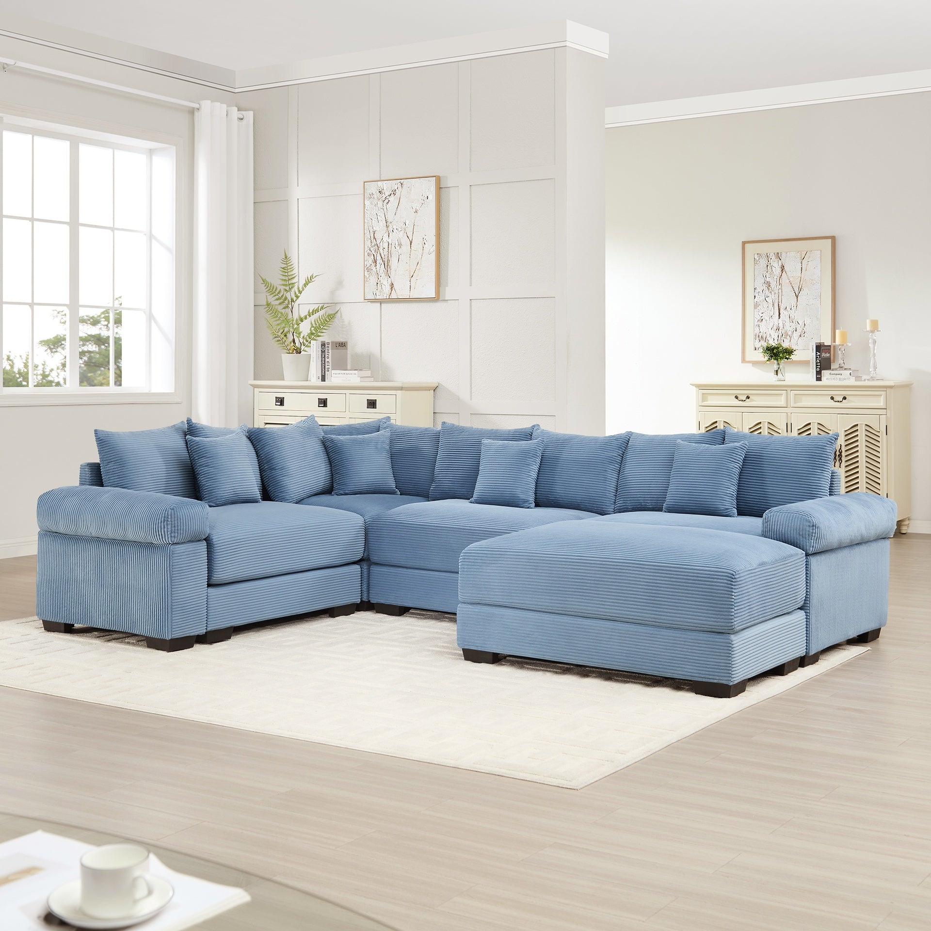 Oversized Cloud Modular Sectional Couch, Convertible Sectional Couches,Extra-Thick Armrests  With An Ottoman,Premium Corduroy Fabric,Ergonomic Design, Easy Assembly,For Living Rooms bedroom,Blue