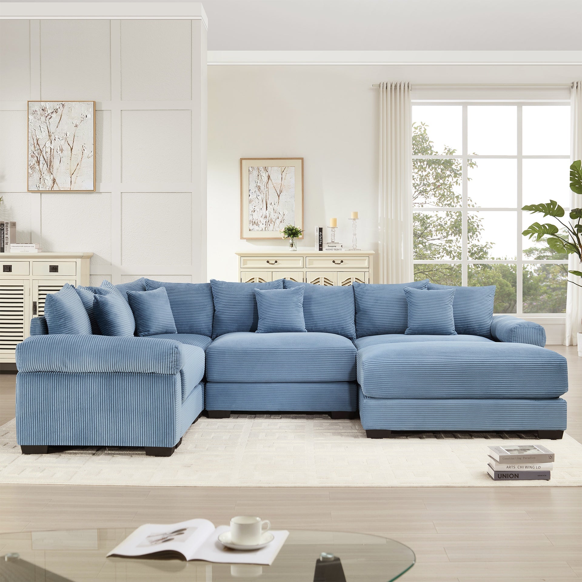 Oversized Cloud Modular Sectional Couch, Convertible Sectional Couches,Extra-Thick Armrests  With An Ottoman,Premium Corduroy Fabric,Ergonomic Design, Easy Assembly,For Living Rooms bedroom,Blue