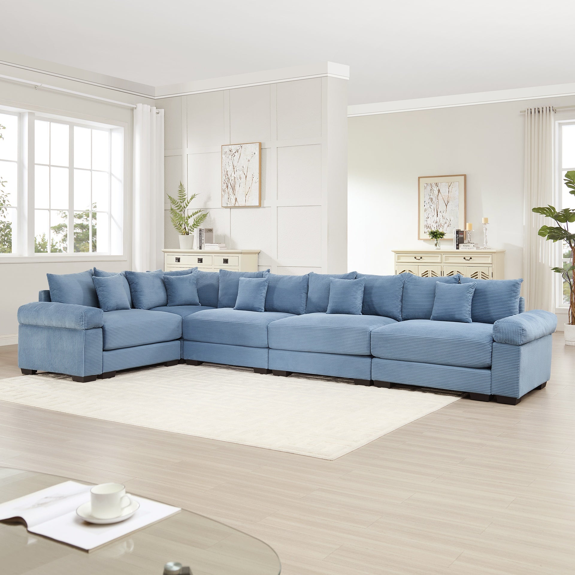 Oversized Cloud Modular Sectional Couch,Convertible Sectional Couches Deep Seat Extra-Wide Armrests, 18Throw Pillows Premium Corduroy Fabric, Ergonomic Design,Easy Assembly, For Study,Blue