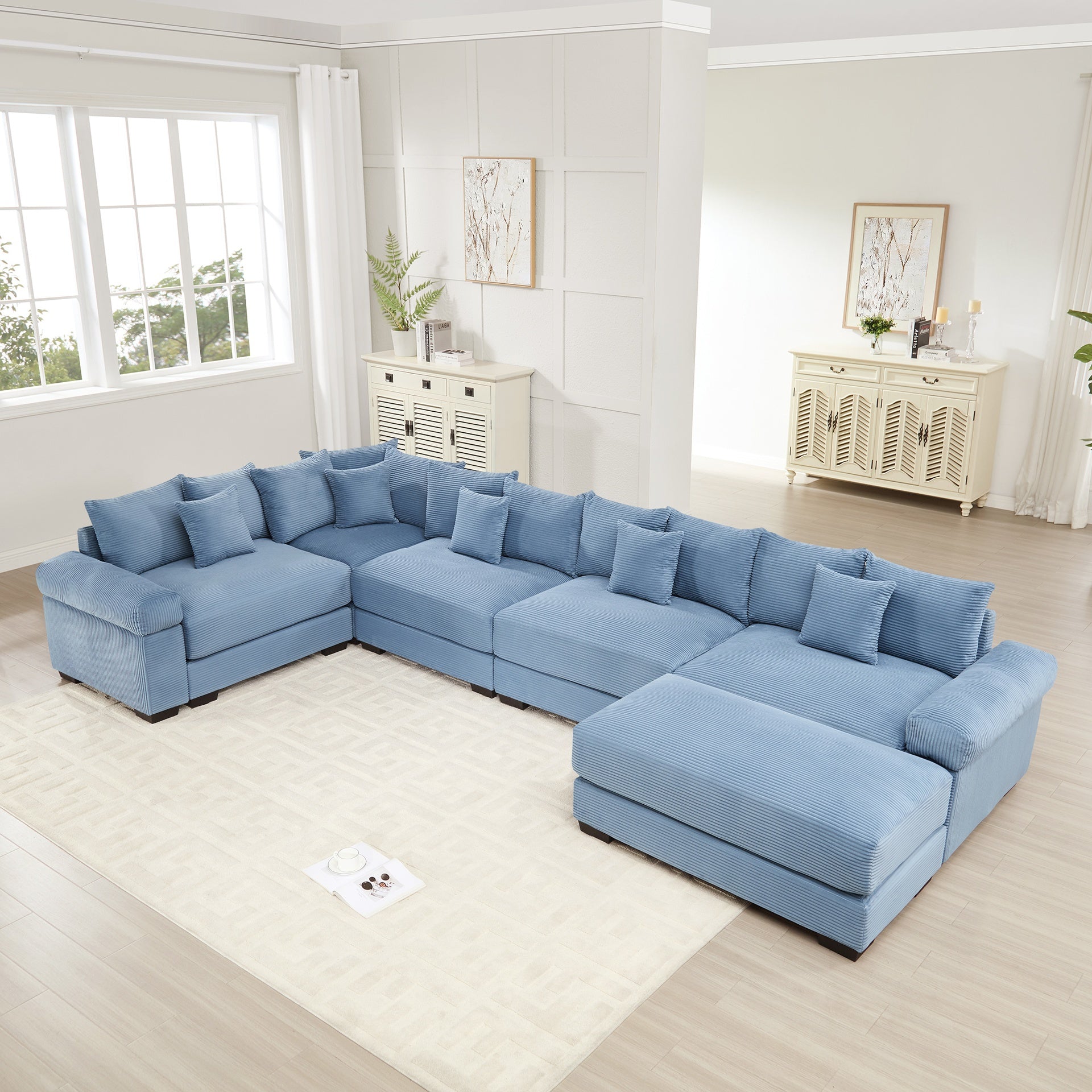 Oversized Cloud Modular Sectional Couch, Convertible Sectional Couches,Extra-Wide Armrests With An Ottoman,Premium Corduroy Fabric, Ergonomic Design,Easy Assembly,For Living Rooms Study,Blue