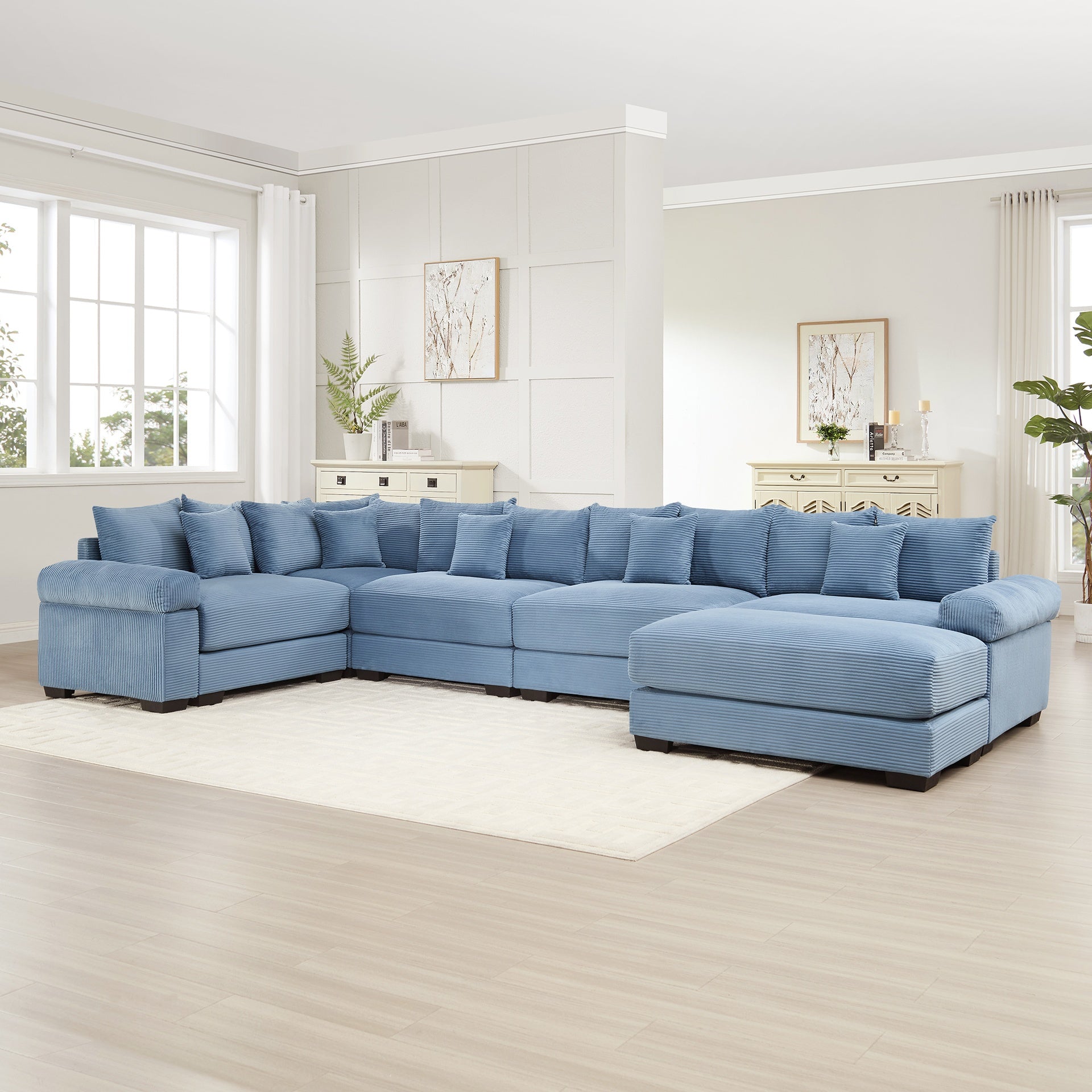 Oversized Cloud Modular Sectional Couch, Convertible Sectional Couches,Extra-Wide Armrests With An Ottoman,Premium Corduroy Fabric, Ergonomic Design,Easy Assembly,For Living Rooms Study,Blue