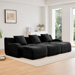 Three-Seat Boneless Sofa High-Quality Teddy Fabric ,No assembly required Curved armrest Anti-slip Design  Ergonomic design, Assembly Chaise  32D High Density Sponge living rooms media rooms,Black
