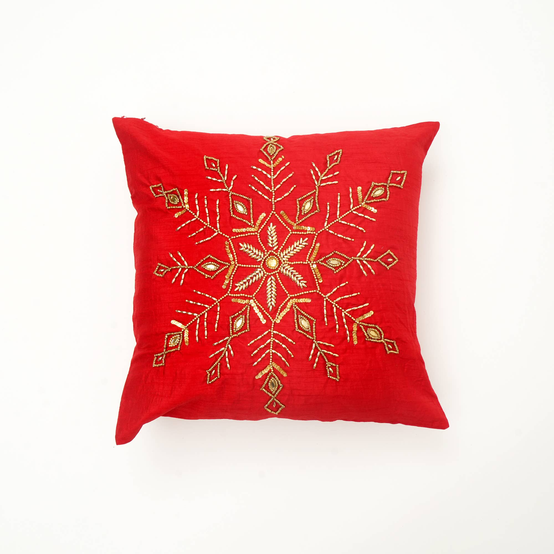 Golden Bead Embroidered Snowflake Cushion - 18 X 18 Inch