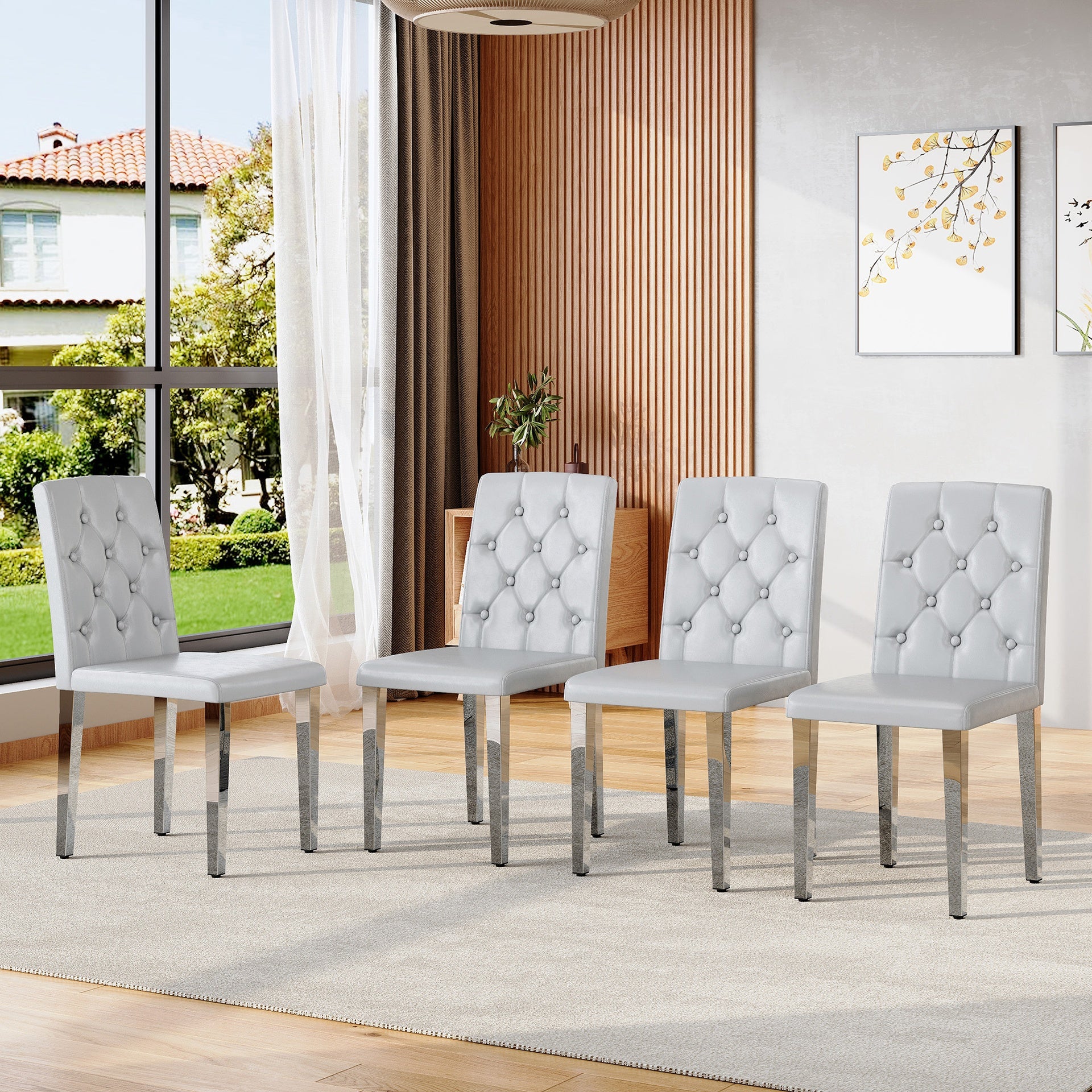 4-piece set of light grey PU dining chairs: ergonomically designed buckle backrest, 35 inches high, silver metal legs, combining comfort and texture.Suitable for family restaurants, banquet hall, etc.