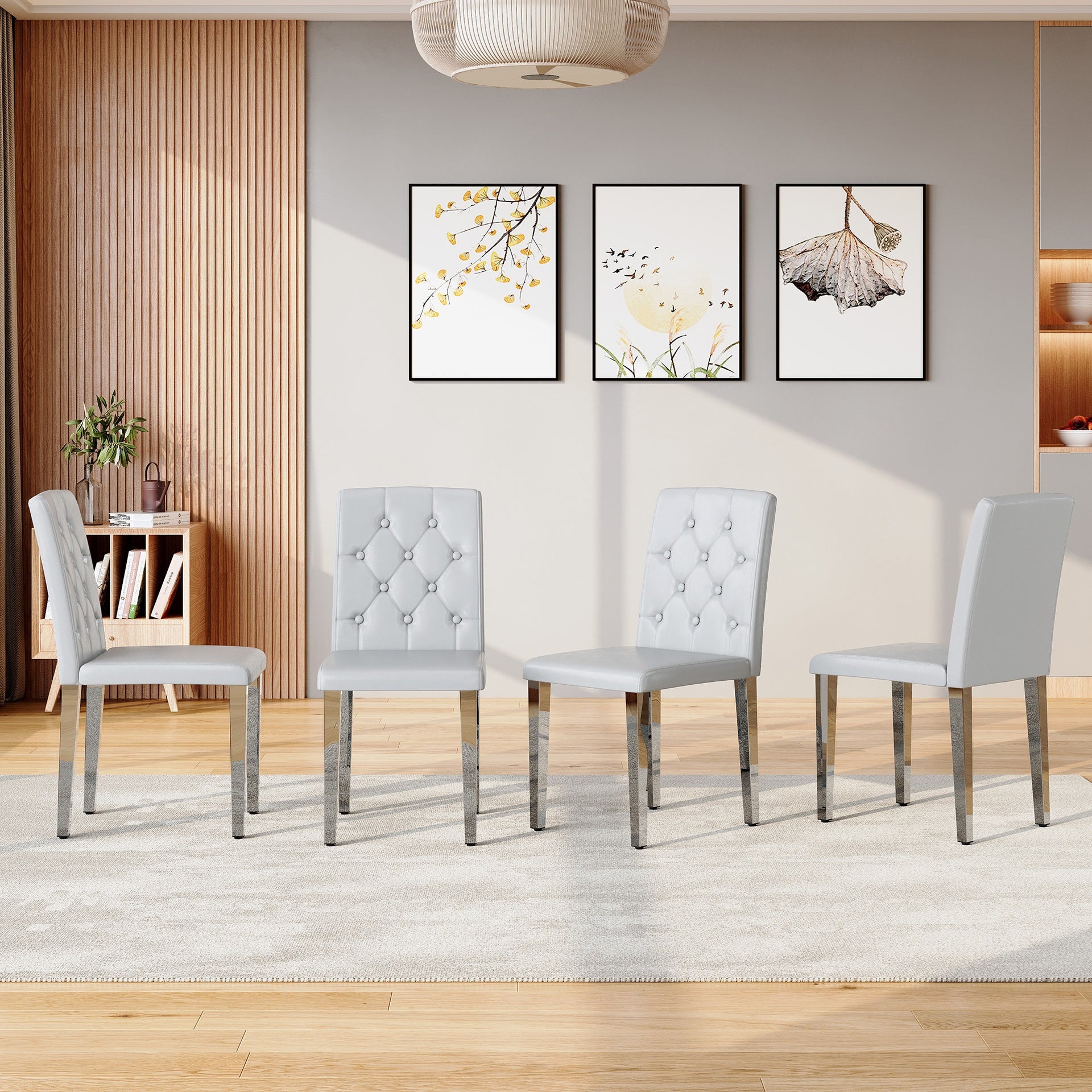 4-piece set of light grey PU dining chairs: ergonomically designed buckle backrest, 35 inches high, silver metal legs, combining comfort and texture.Suitable for family restaurants, banquet hall, etc.