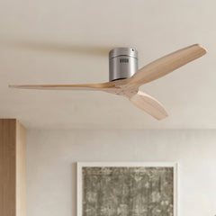 52 inch Mordern Natural Style Rustic Elegance Brushed Nickel Light Yellow Solid Wood Blades Low Profile Flush Mount Ceiling Fan without Light