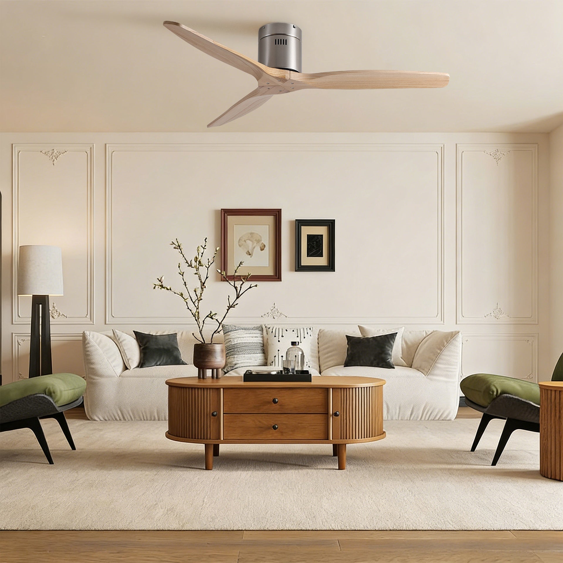 52 inch Mordern Natural Style Rustic Elegance Brushed Nickel Light Yellow Solid Wood Blades Low Profile Flush Mount Ceiling Fan without Light