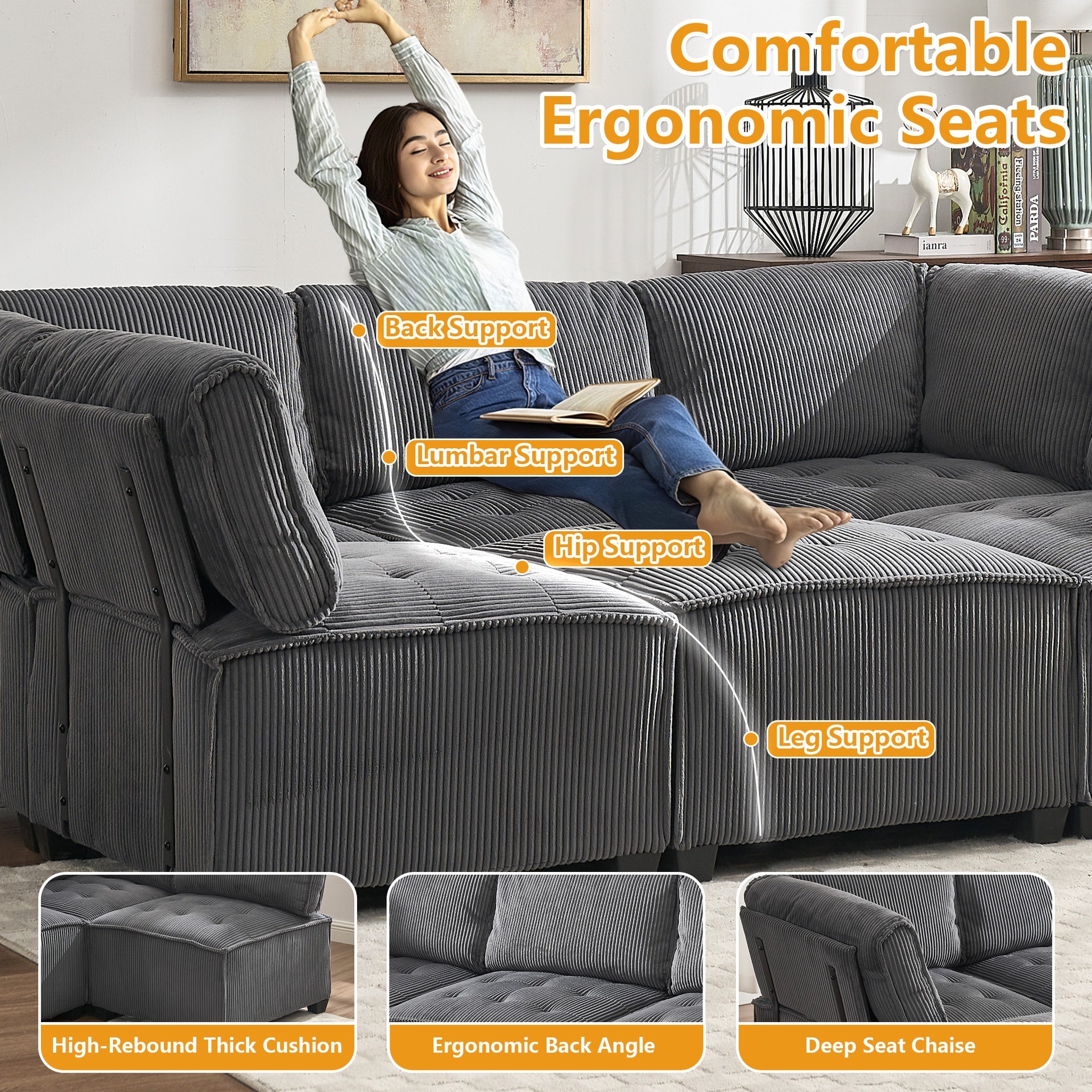 UNITED WE WIN Modular Sectional Sofa U Shaped Modular Couch with Reversible Chaise Modular Sofa Sectional Couch,6- Seat Convertible Sofa,Fit for Living Room