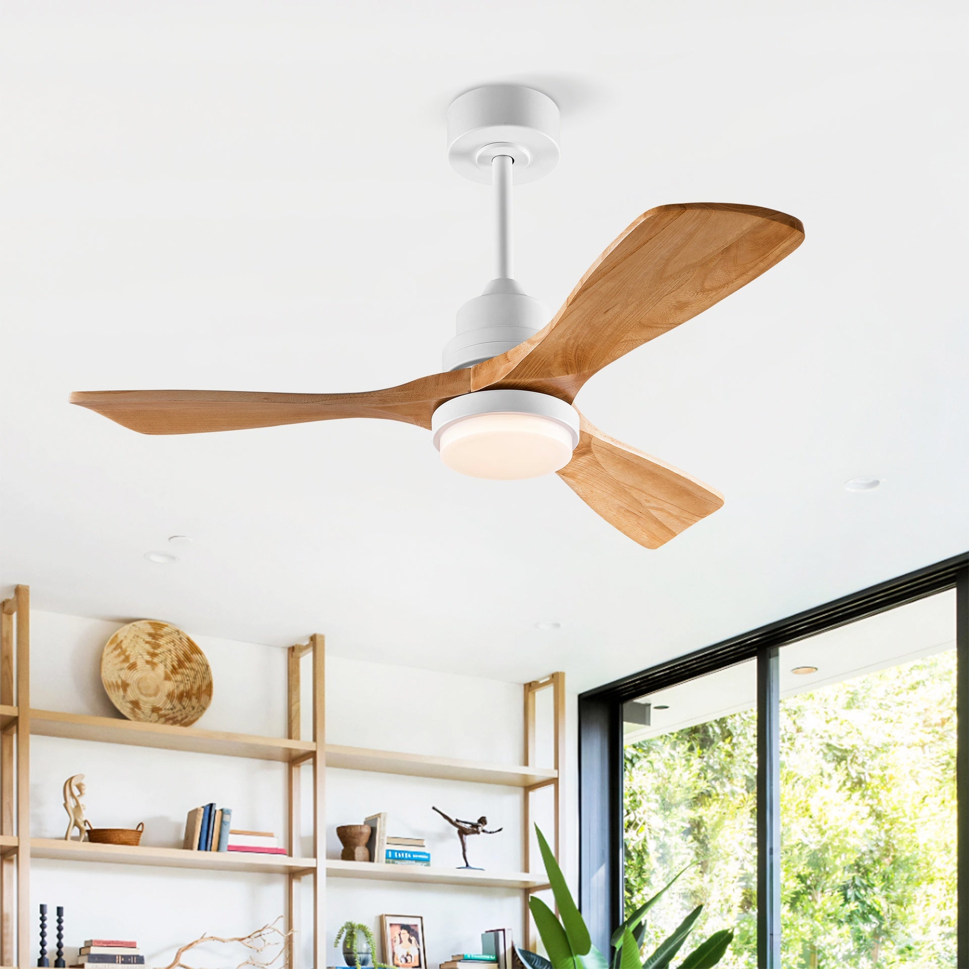 Hot sales 42 Inch Modern Ceiling Fan With 3 Color Dimmable 3 Solide Wood Blades Remote Control Reversible DC Motor With Led Light