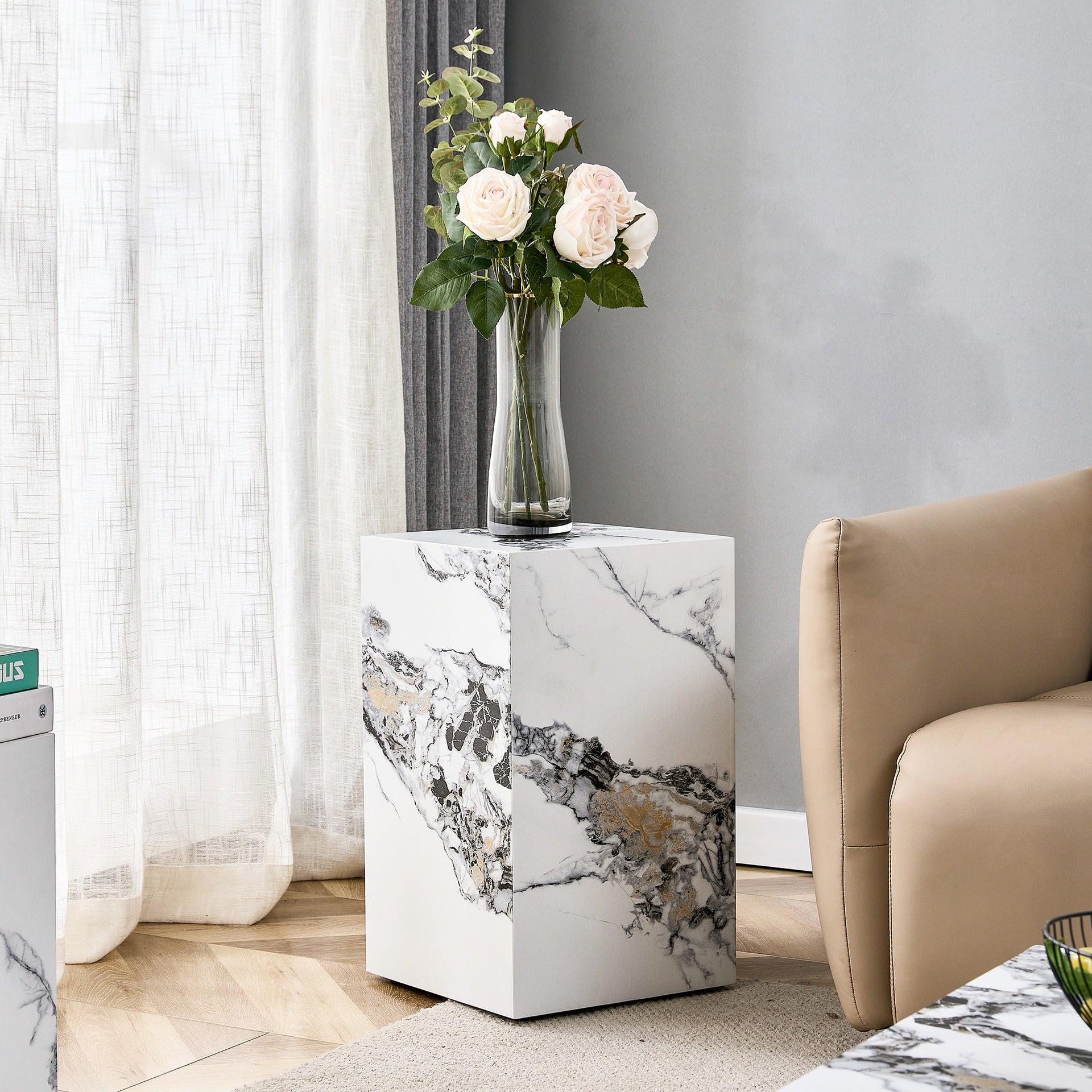 Elevate your living space with this modern MDF coffee table, which showcases white marble textured patterns. It is characterized by stylish design.11.81x11.81x19.69 inches,W1151119519