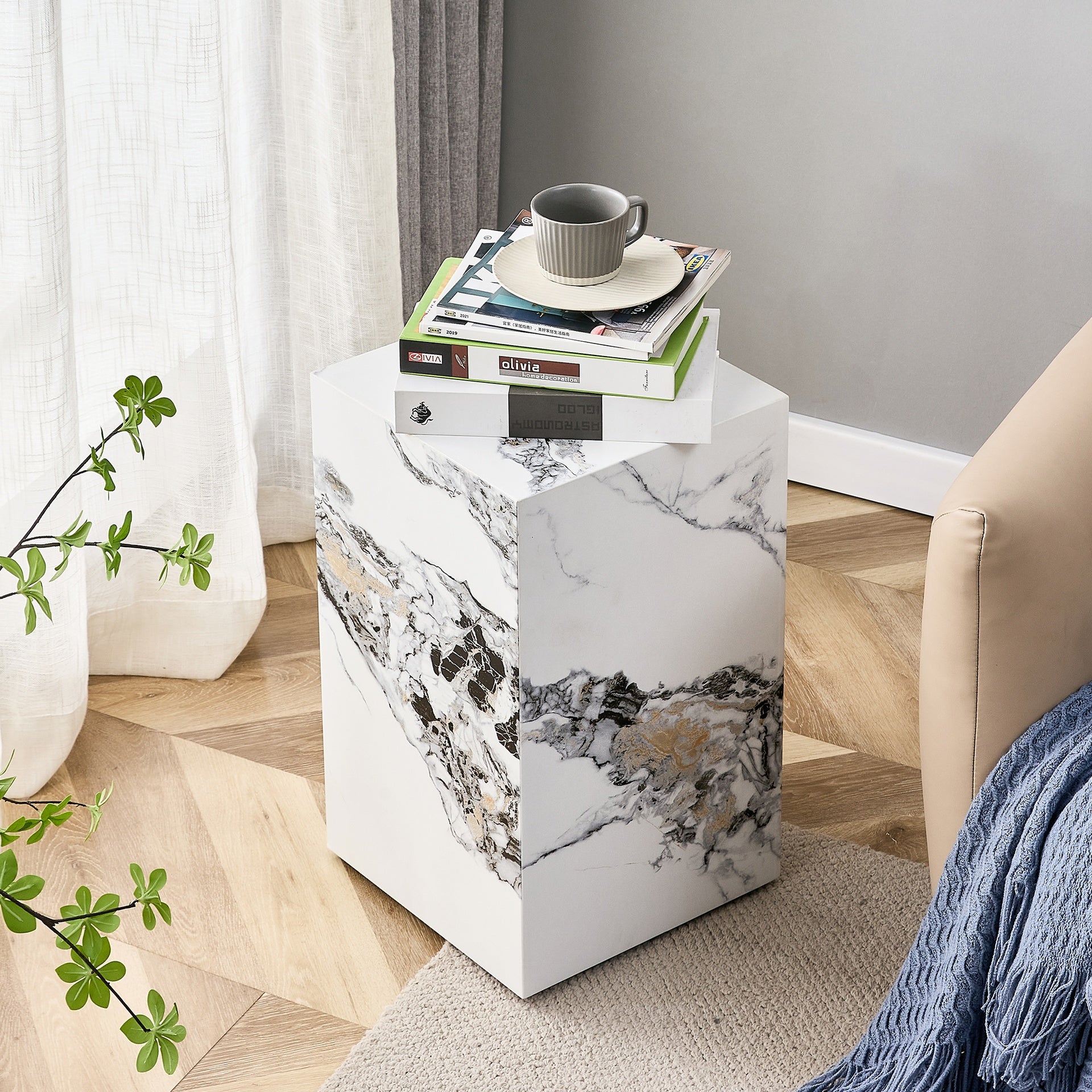 Elevate your living space with this modern MDF coffee table, which showcases white marble textured patterns. It is characterized by stylish design.11.81x11.81x19.69 inches,W1151119519