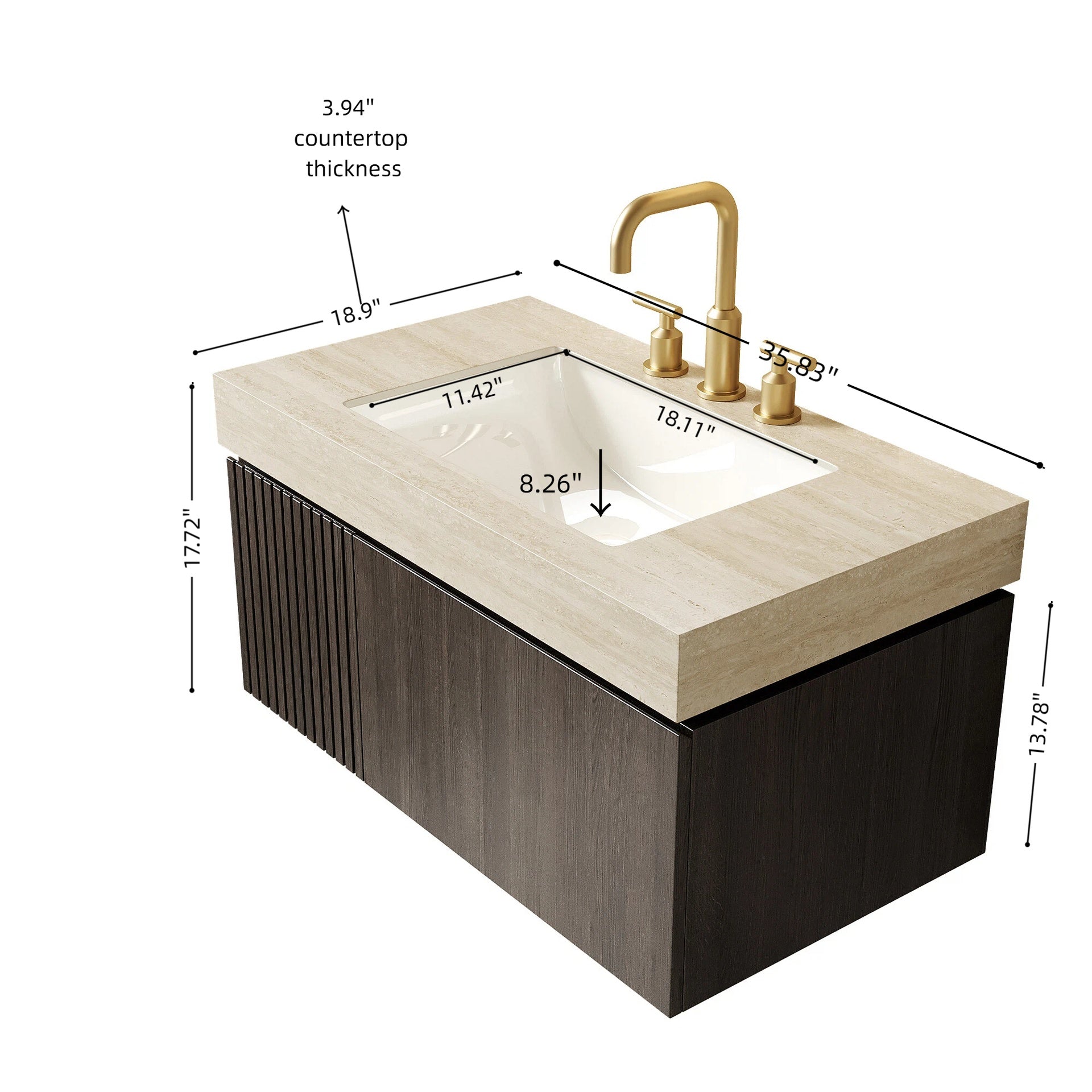 MURI 36" Bathroom Vanity&Sink, Floating Plywood Storage Cabinet with Drawer&Door, Roma Travertine Sintered Stone Top&Ceramic Basin with 3 Pre-drilled Faucet Holes, Pre-assembled, Espresso Woodgrain