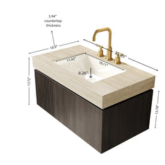 MURI 36" Bathroom Vanity&Sink, Floating Plywood Storage Cabinet with Drawer&Door, Roma Travertine Sintered Stone Top&Ceramic Basin with 3 Pre-drilled Faucet Holes, Pre-assembled, Espresso Woodgrain