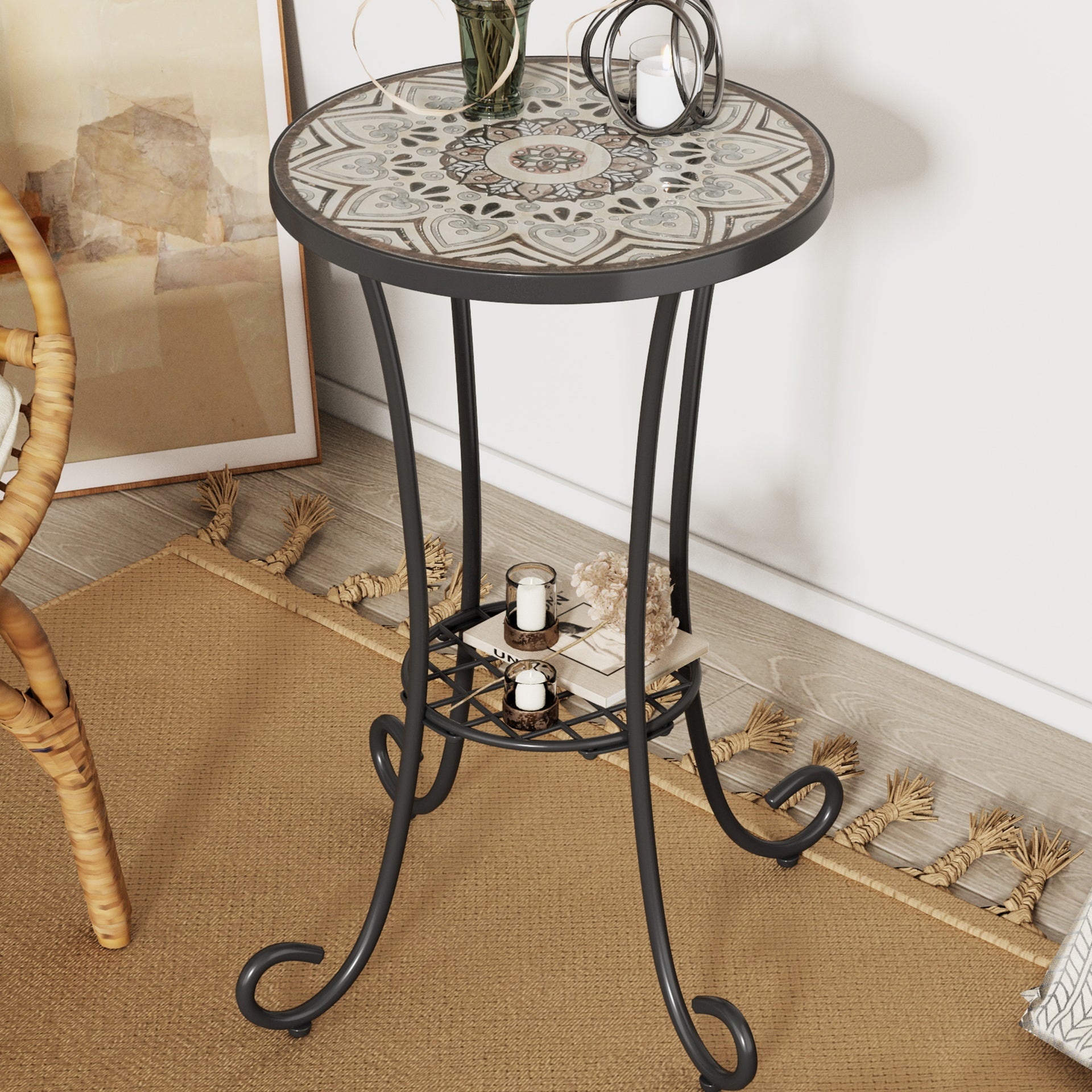 Patio Side Table with Shelf,Brown+Black