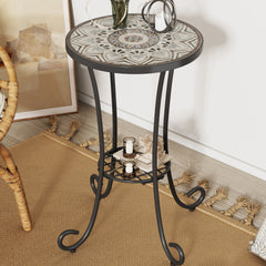 Patio Side Table with Shelf,Brown+Black