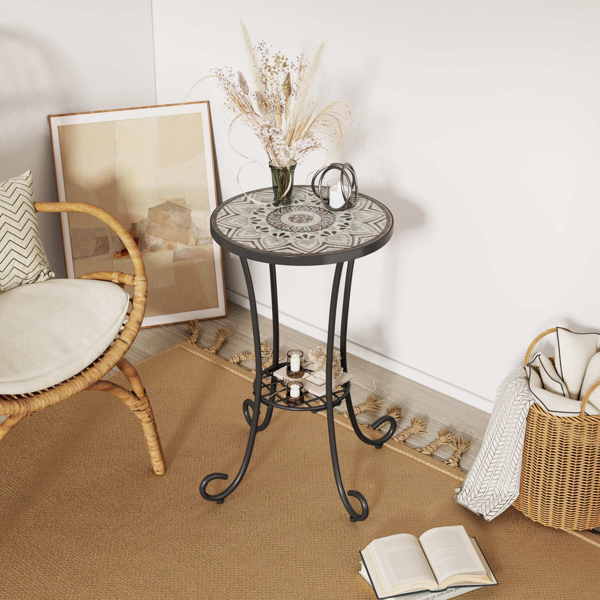 Patio Side Table with Shelf,Brown+Black