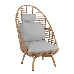 Ellis Outdoor Wicker High-back Swivel Lounge Chair, Teak Finished Leg, Light Brown Faux Rattan and Beige Cushion