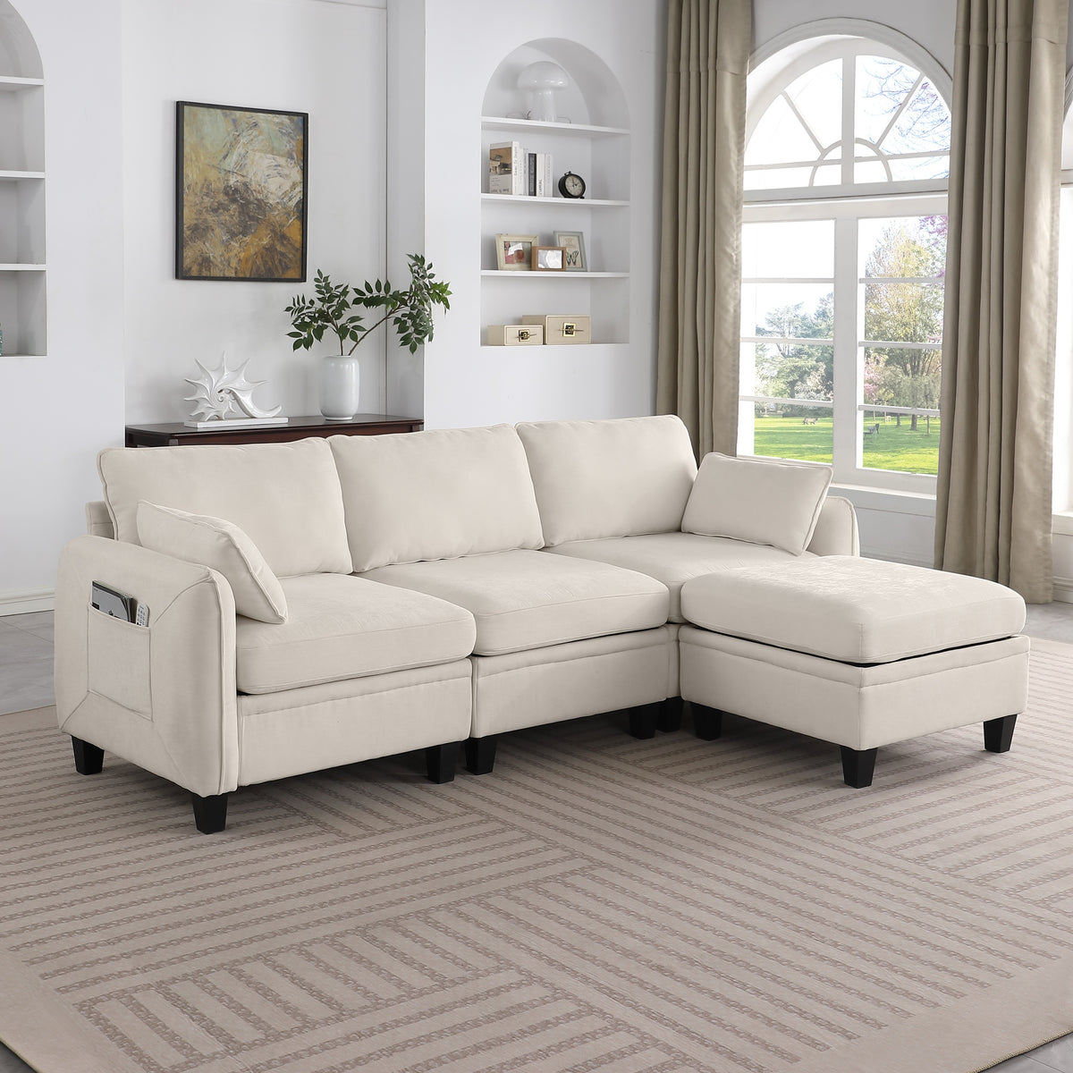 85 Inch Beige Chenille Modular Sectional Sofa,  L-Shaped Cloud Couch with Storage Ottoman, DIY Combination for Living Room