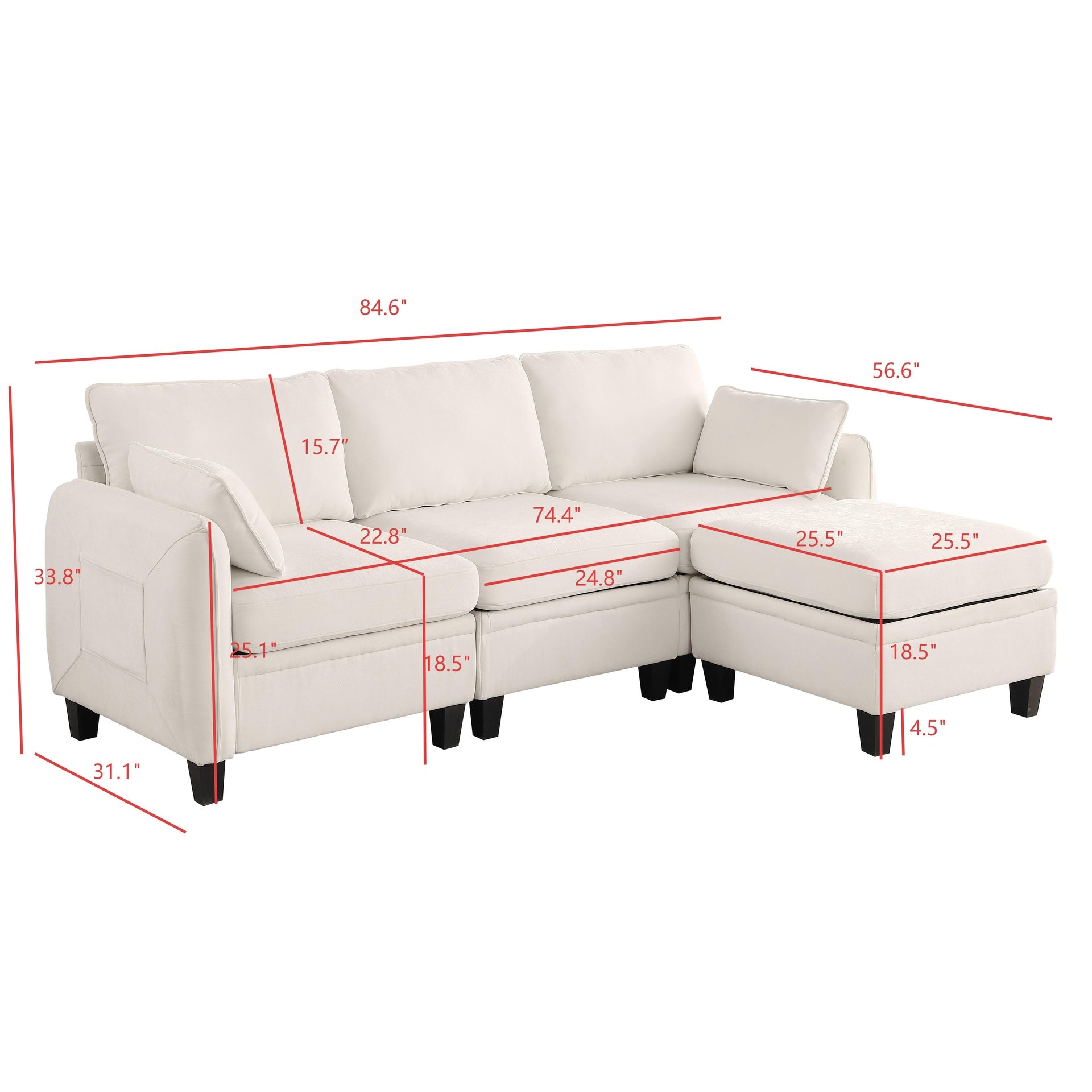 85 Inch Beige Chenille Modular Sectional Sofa,  L-Shaped Cloud Couch with Storage Ottoman, DIY Combination for Living Room