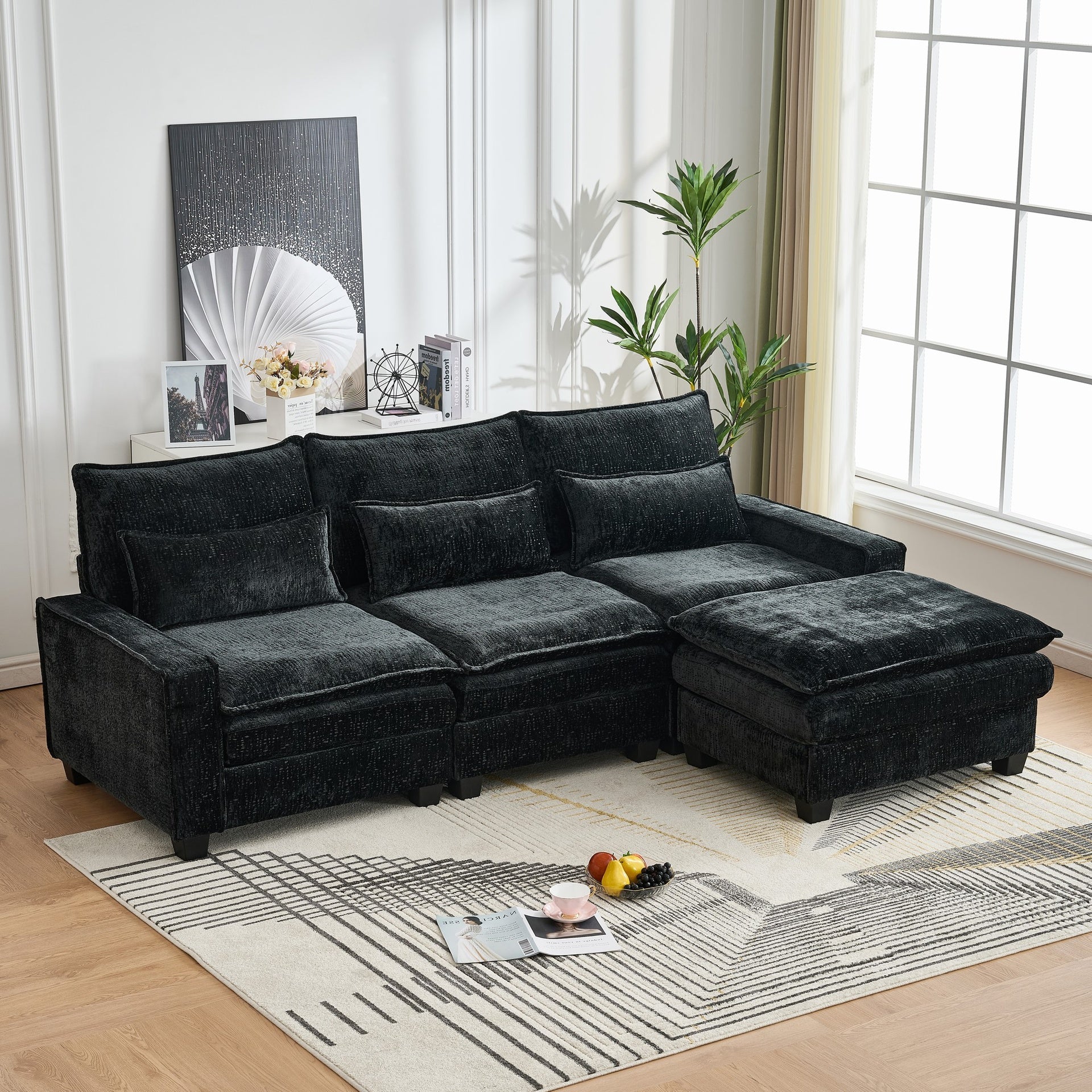 99'' Sectional Cloud Deep Seat Couch, Modern Comfy Chenille L Shaped Sectional Sofa for Living Room Set, Upholstered 4-Seats Sofa Couch with Movable Ottoman, Black