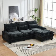 99'' Sectional Cloud Deep Seat Couch, Modern Comfy Chenille L Shaped Sectional Sofa for Living Room Set, Upholstered 4-Seats Sofa Couch with Movable Ottoman, Black
