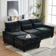 99'' Sectional Cloud Deep Seat Couch, Modern Comfy Chenille L Shaped Sectional Sofa for Living Room Set, Upholstered 4-Seats Sofa Couch with Movable Ottoman, Black
