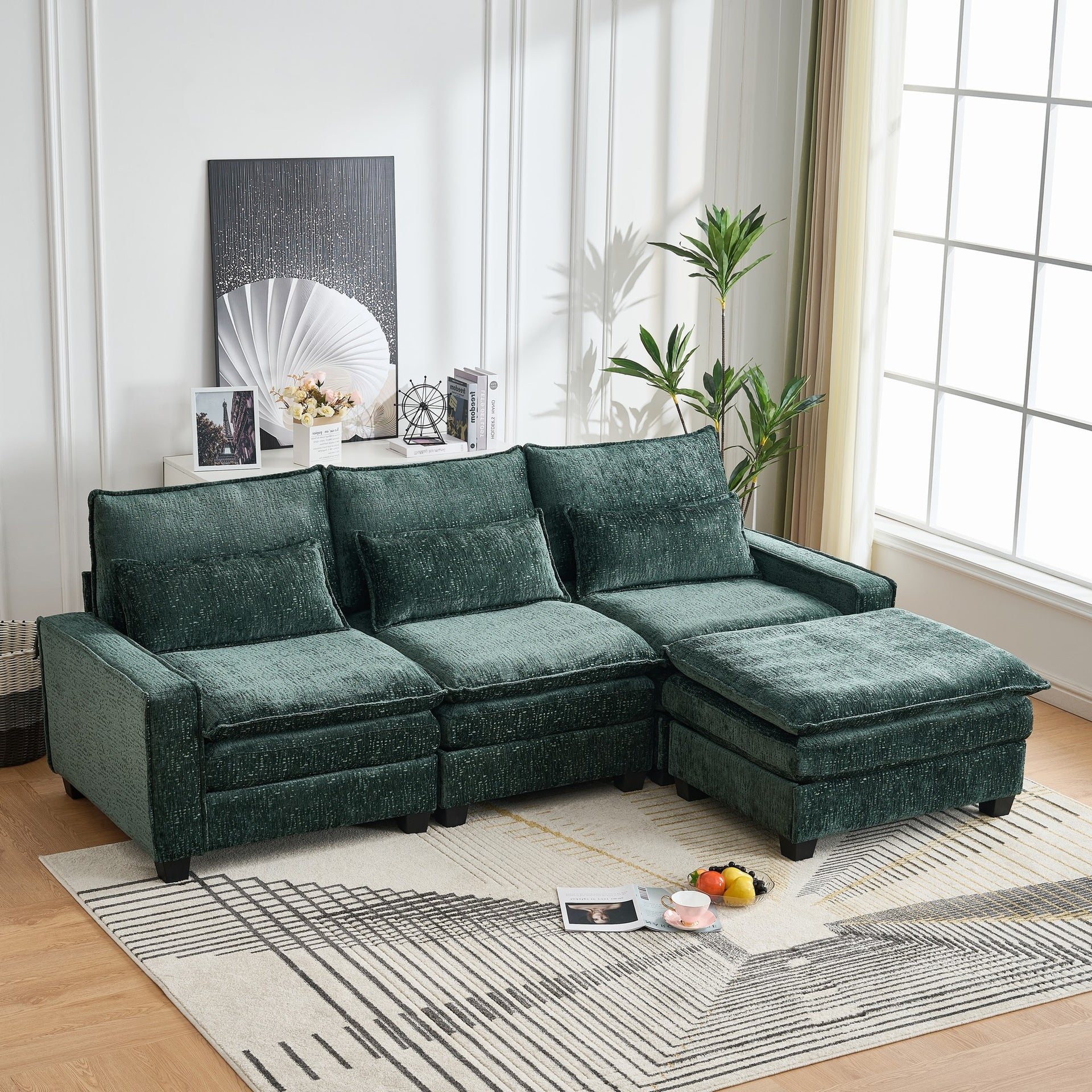 99'' Sectional Cloud Deep Seat Couch, Modern Comfy Chenille L Shaped Sectional Sofa for Living Room Set, Upholstered 4-Seats Sofa Couch with Movable Ottoman,Green