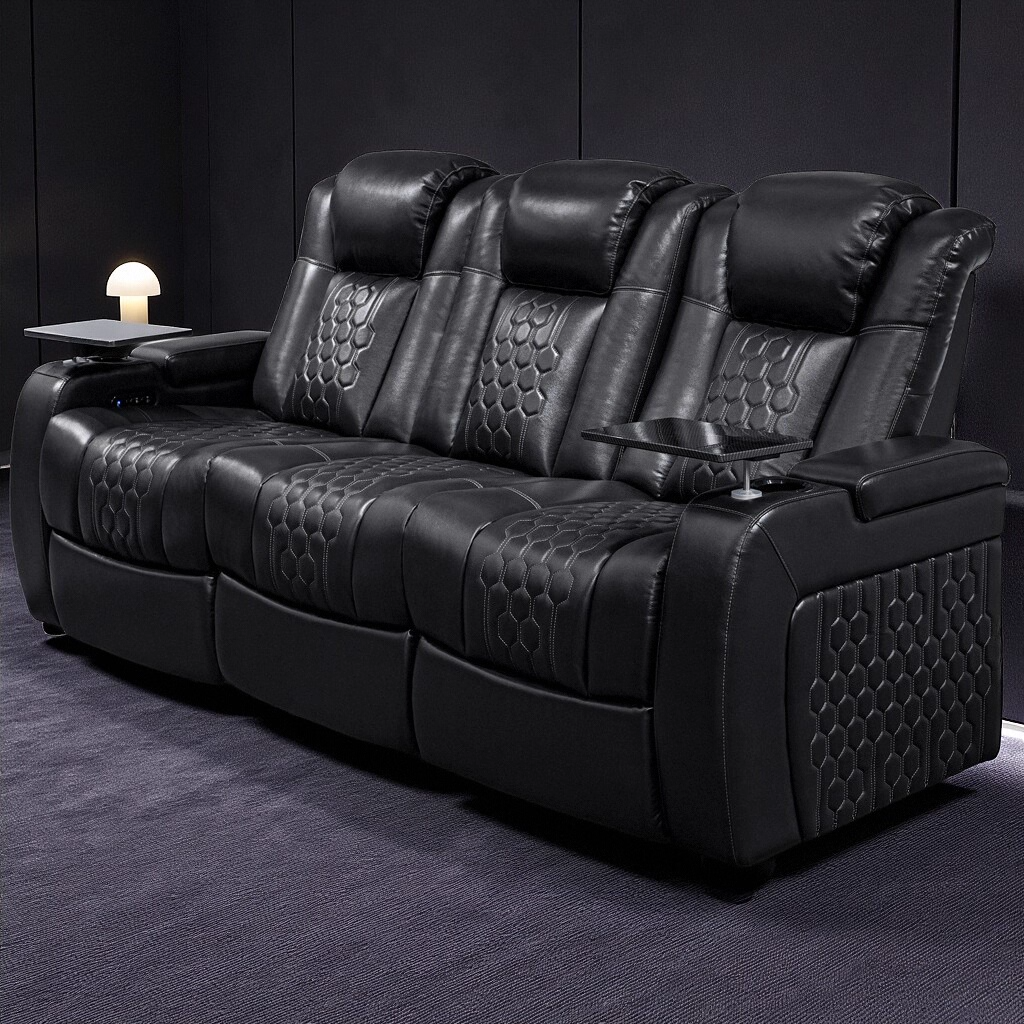 86.6"Power Recliner 3 PC Made WithTop-Grain Nappa,Fully Adjustable Relaxation,Smart Charging,Dynamic RGB LED Lighting,BLACK