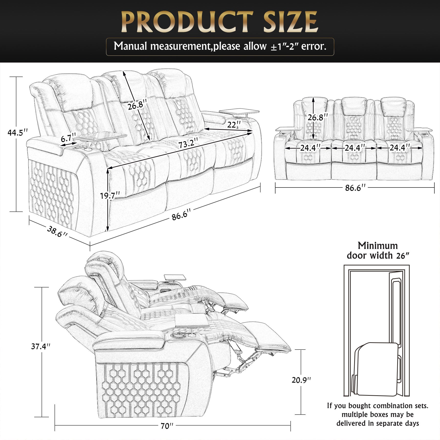86.6"Power Recliner 3 PC Made WithTop-Grain Nappa,Fully Adjustable Relaxation,Smart Charging,Dynamic RGB LED Lighting,BLACK