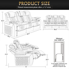 86.6"Power Recliner 3 PC Made WithTop-Grain Nappa,Fully Adjustable Relaxation,Smart Charging,Dynamic RGB LED Lighting,BLACK