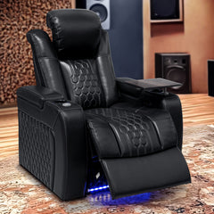 37.8"Power Recliner 1 PC Made WithTop-Grain Nappa,Fully Adjustable Relaxation,Smart Charging,Dynamic RGB LED Lighting,BLACK