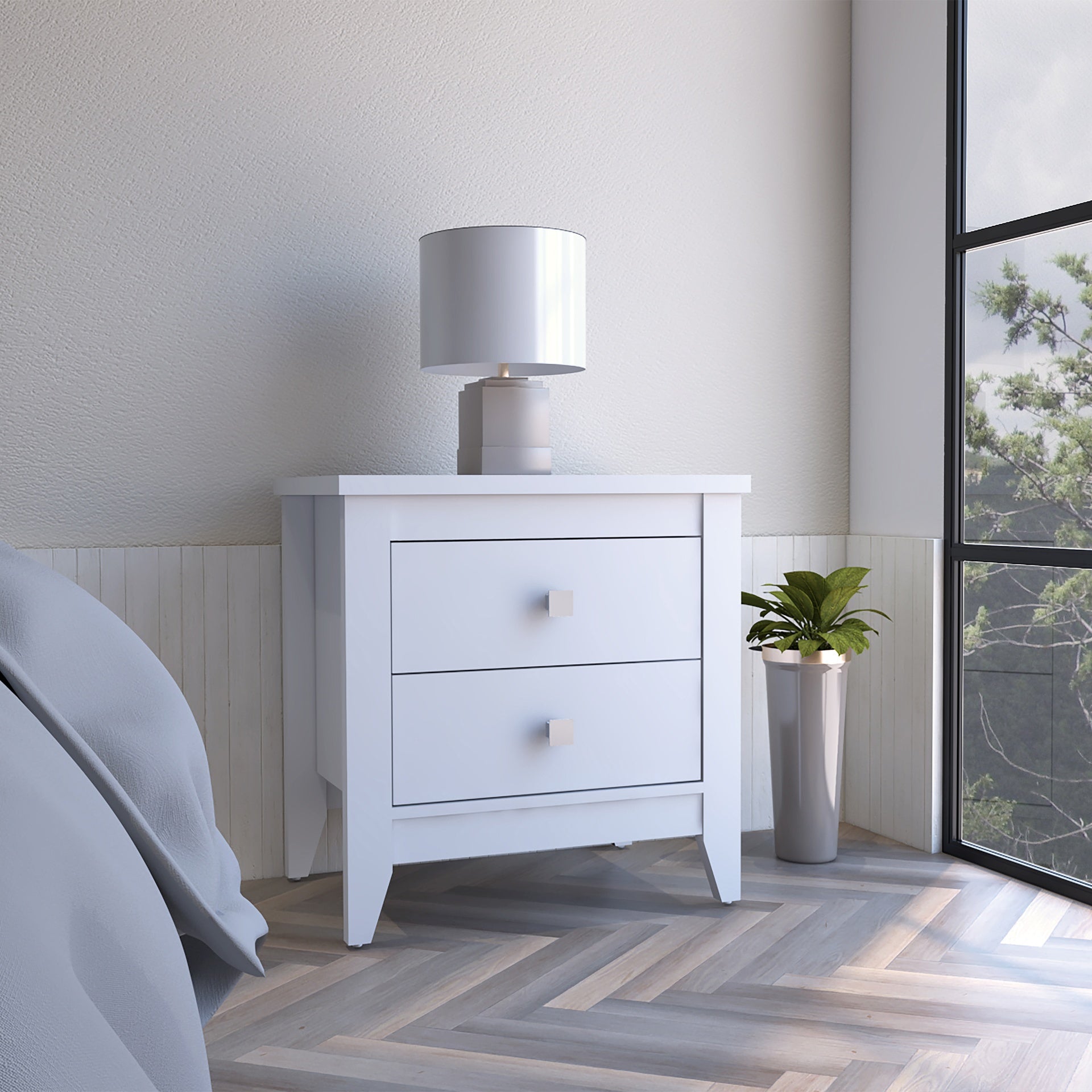Amara Nightstand , End Table, Side Table Two Shelves, Four Legs -White