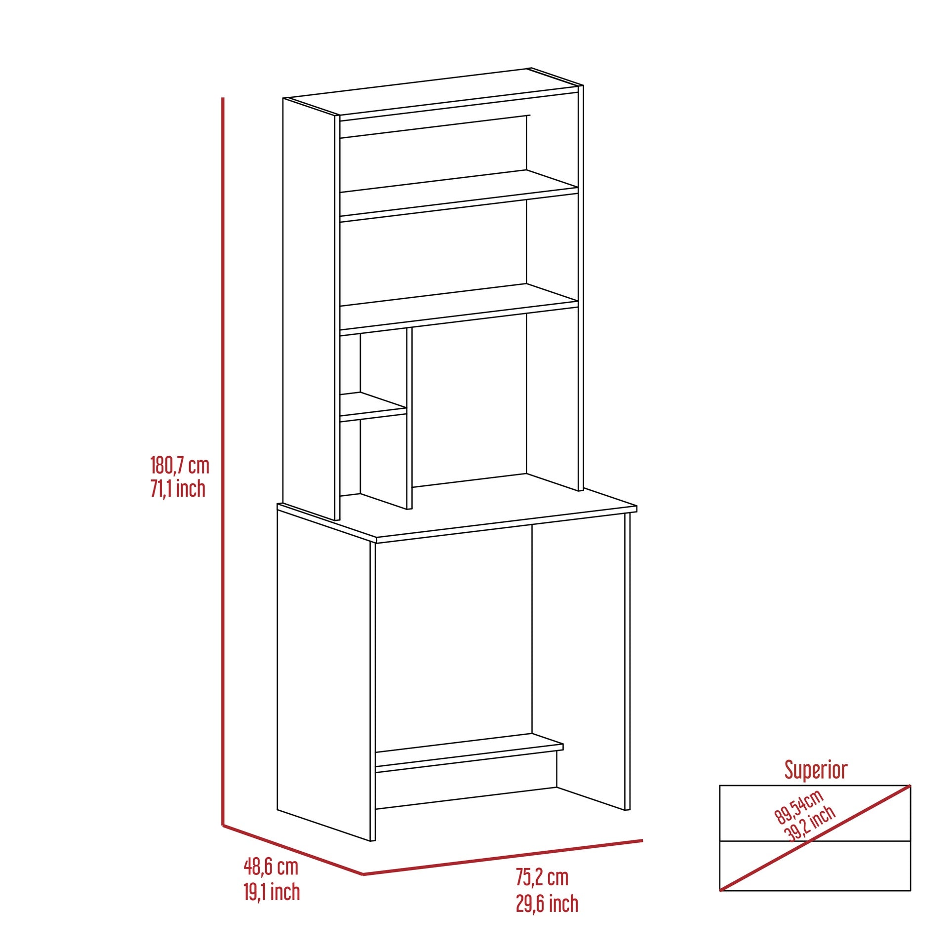 Compu Hutch Desk, Four Shelves, Writing Desk, One Lower Shelf -Black