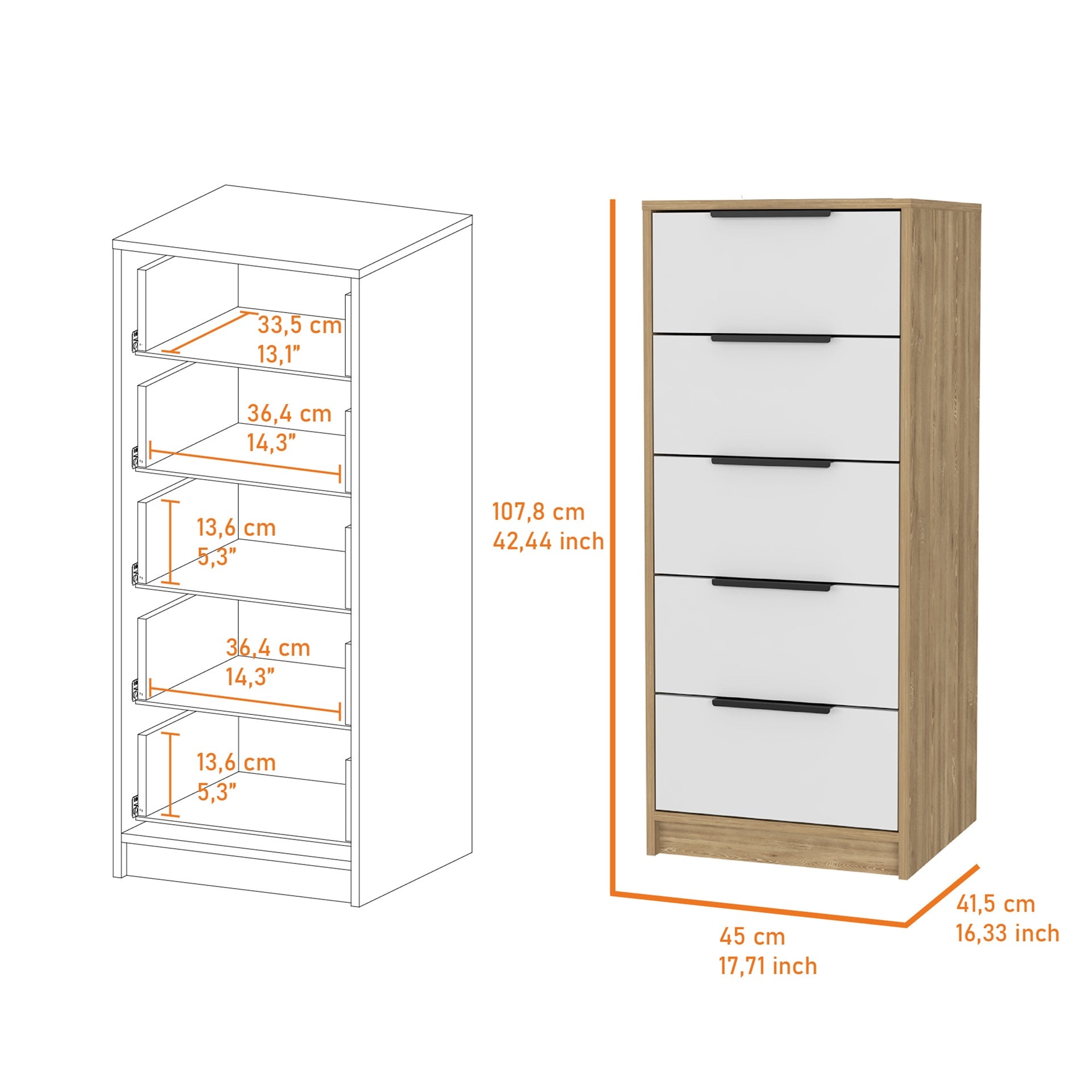 Kaia 5 Drawer Dresser, Vertical Dresser -White / Pine