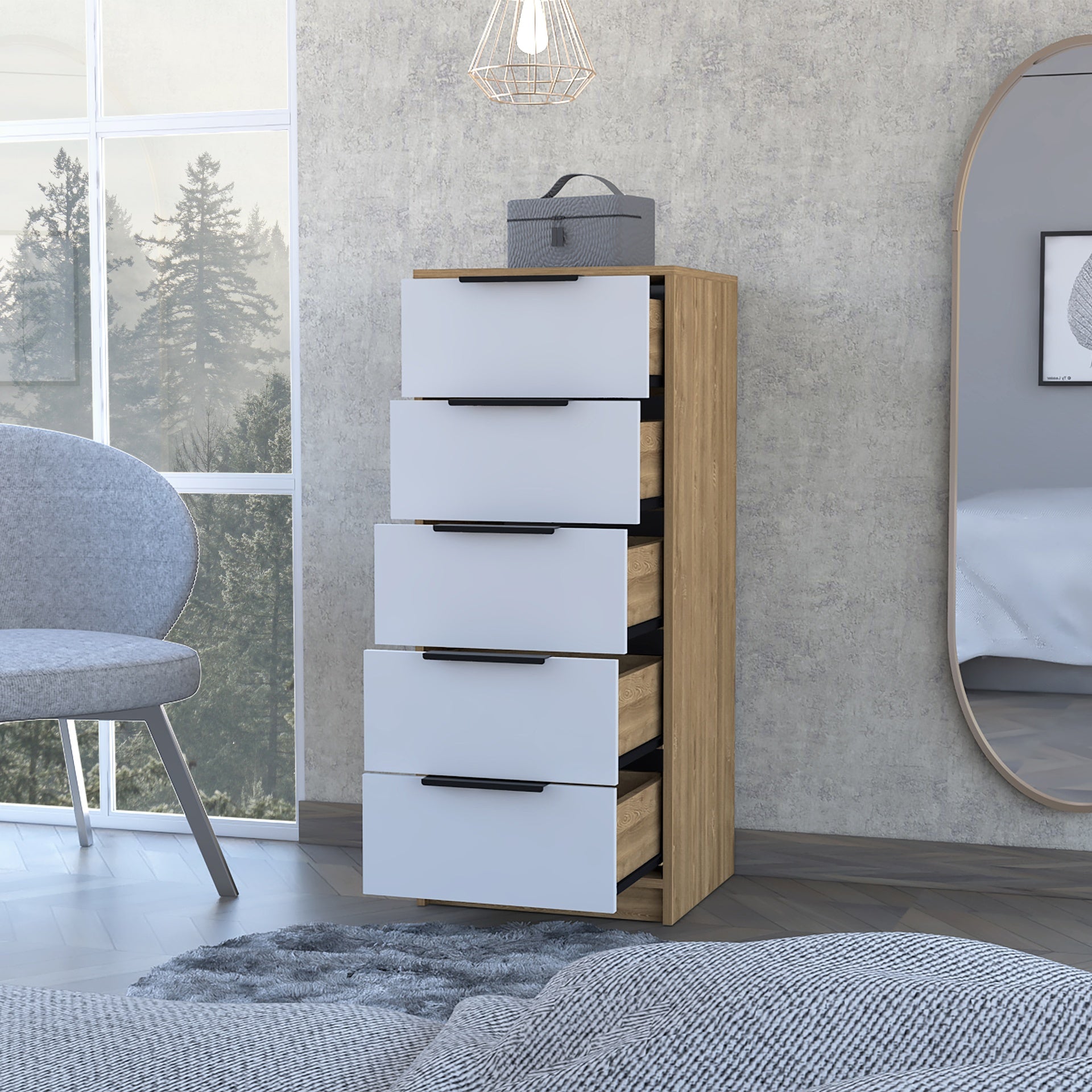 Kaia 5 Drawer Dresser, Vertical Dresser -White / Pine