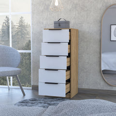 Kaia 5 Drawer Dresser, Vertical Dresser -White / Pine