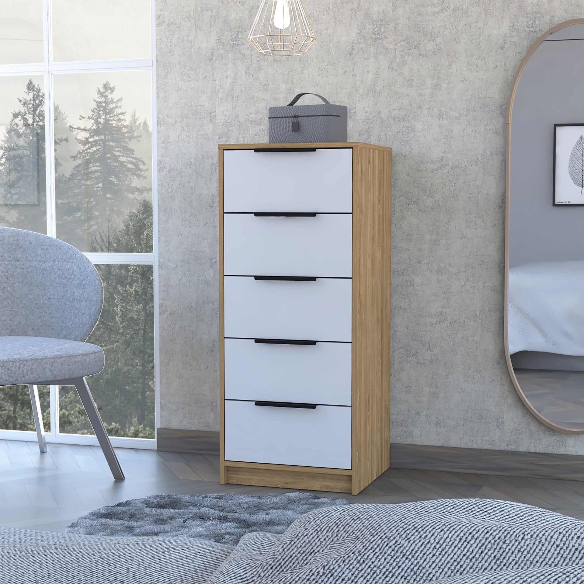Kaia 5 Drawer Dresser, Vertical Dresser -White / Pine