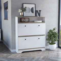 Calgary Shoe Rack, Superior Top, One Open Shelf, Two Extendable Shelves -Light Oak / White