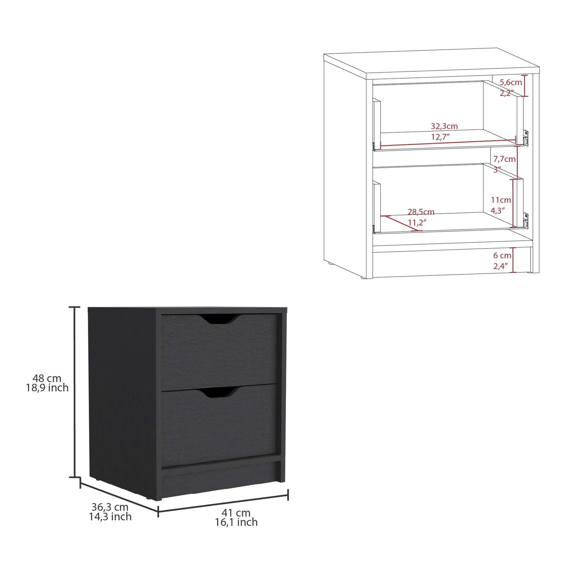Basilea 2 Drawers Nightstand , End Table, Side Table Pull Out System -Black