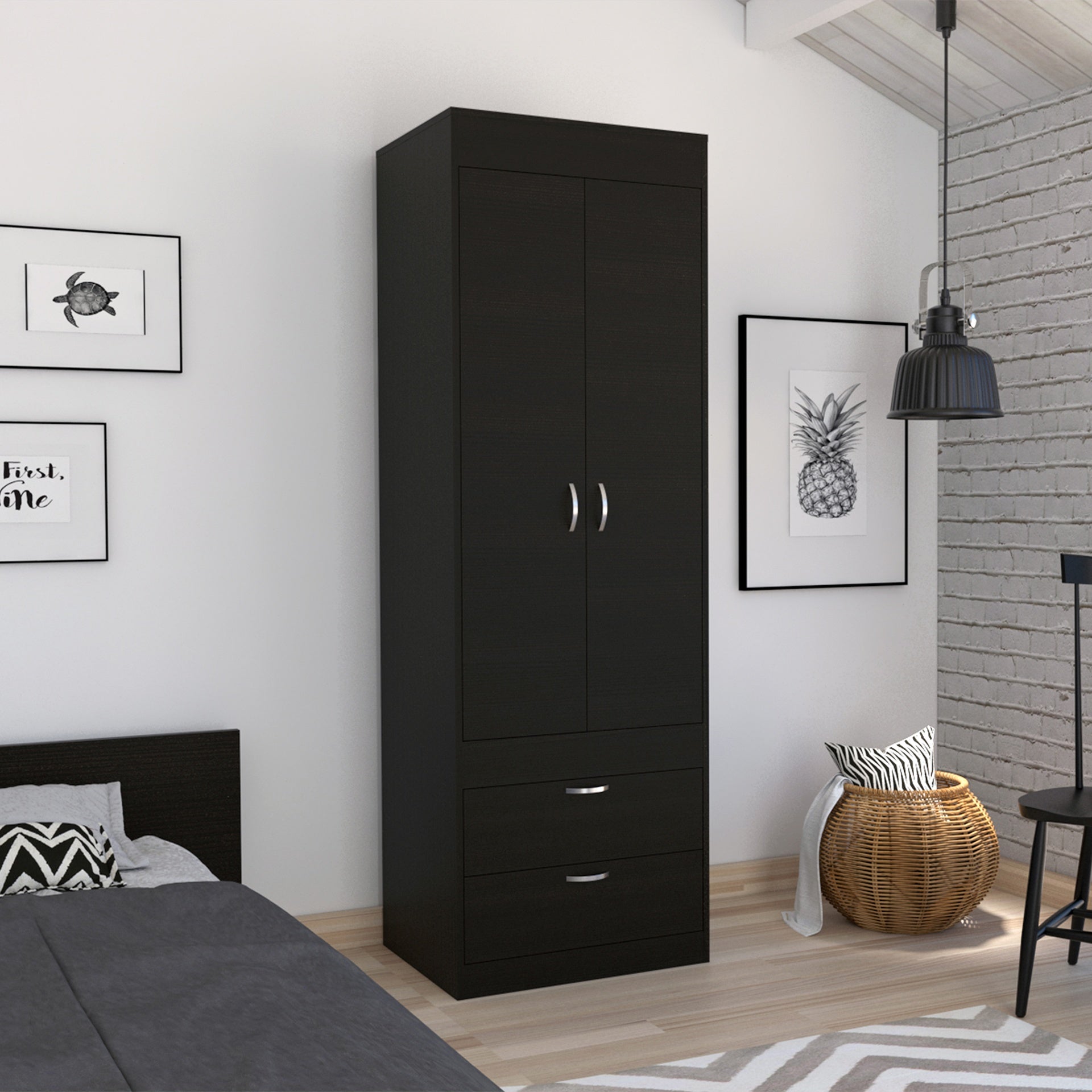 Lisboa Armoire, Rod, Double Door, Two Drawers, Metal Handles