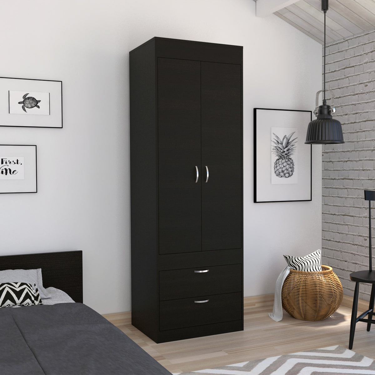 Lisboa Armoire, Rod, Double Door, Two Drawers, Metal Handles