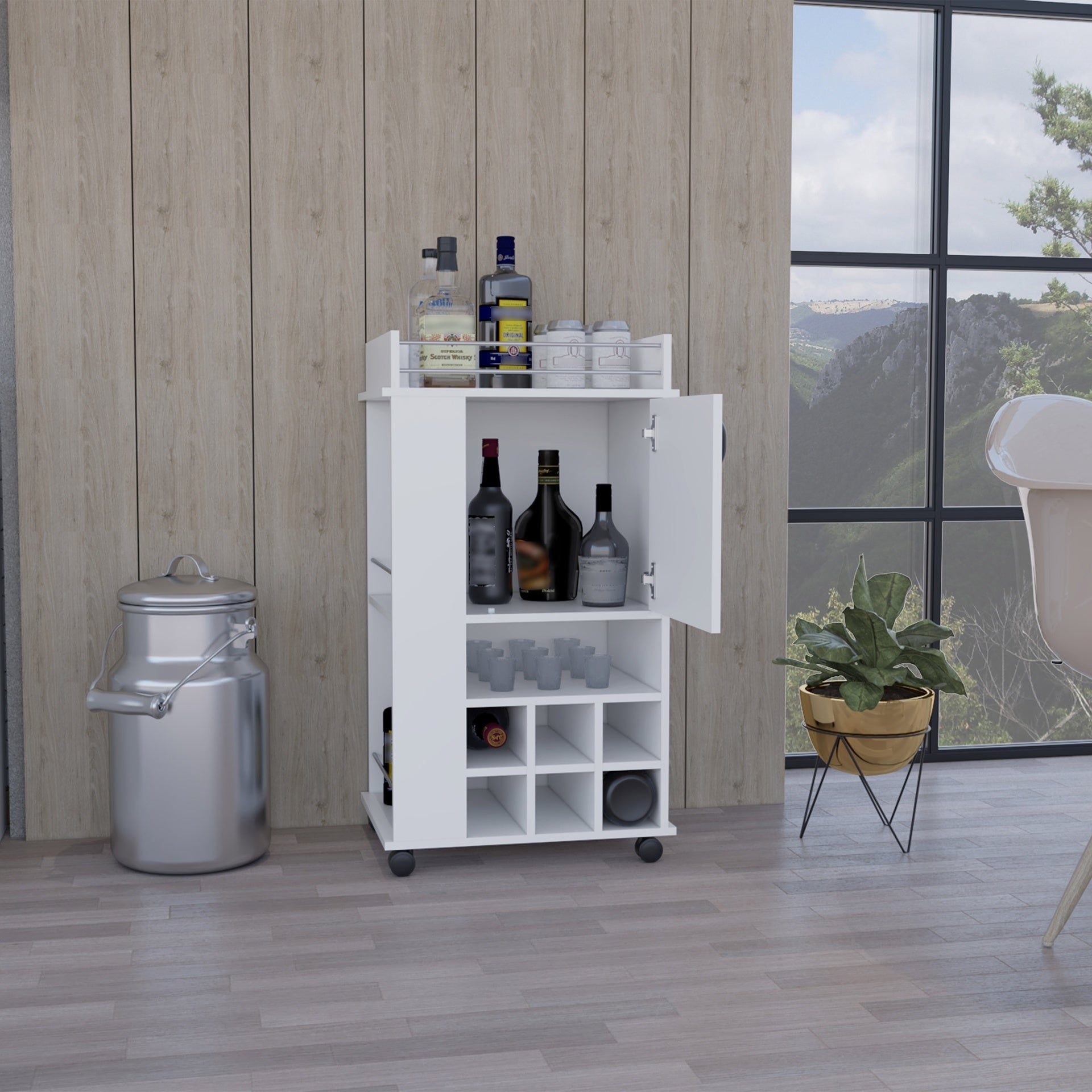 Fargo Bar Cart with Cabinet, 6 Built-in Wine Rack and Casters