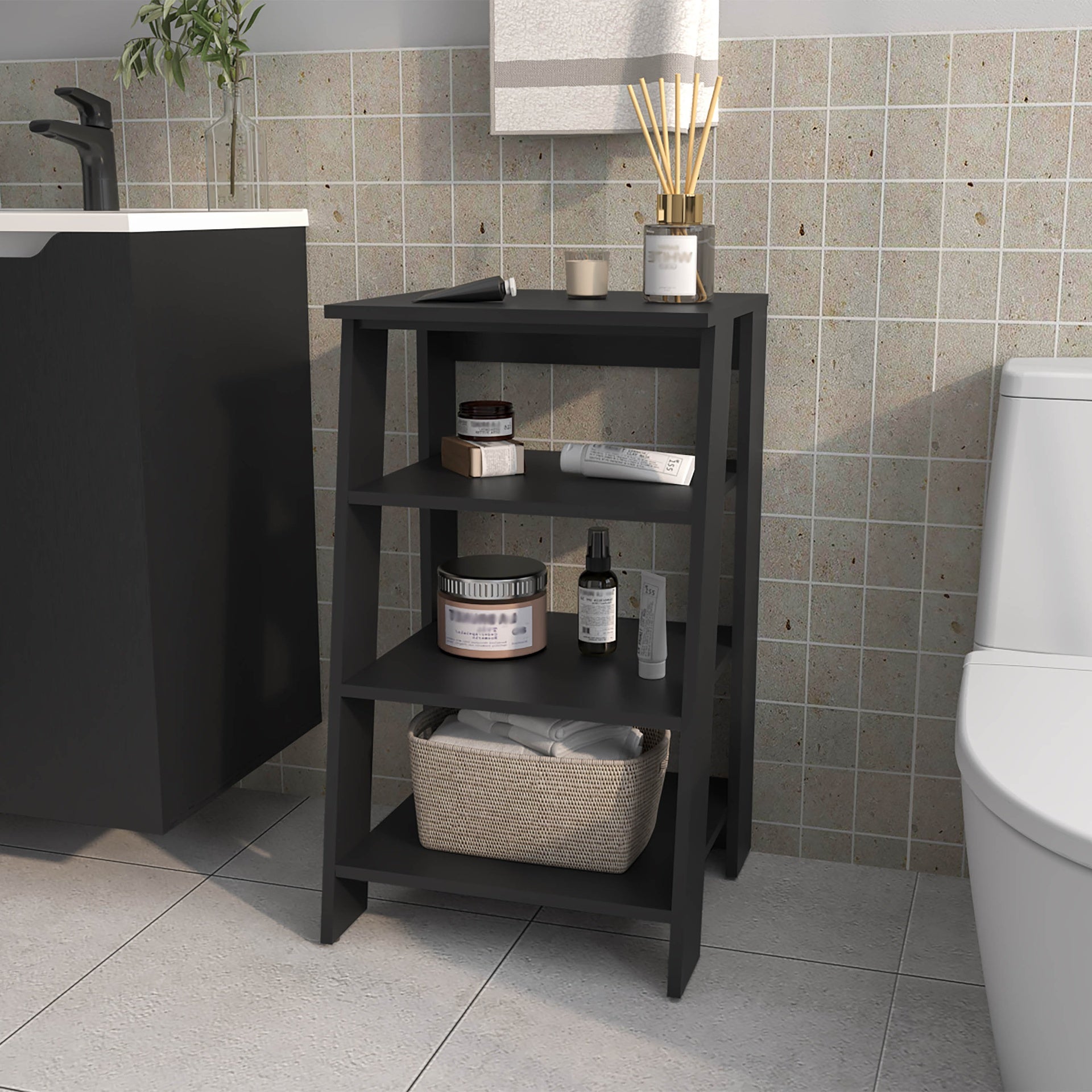 Bathbi 30" High  4-Tier Ladder Shelf  Organizer for Bathroom, Side Table, Living room in Black