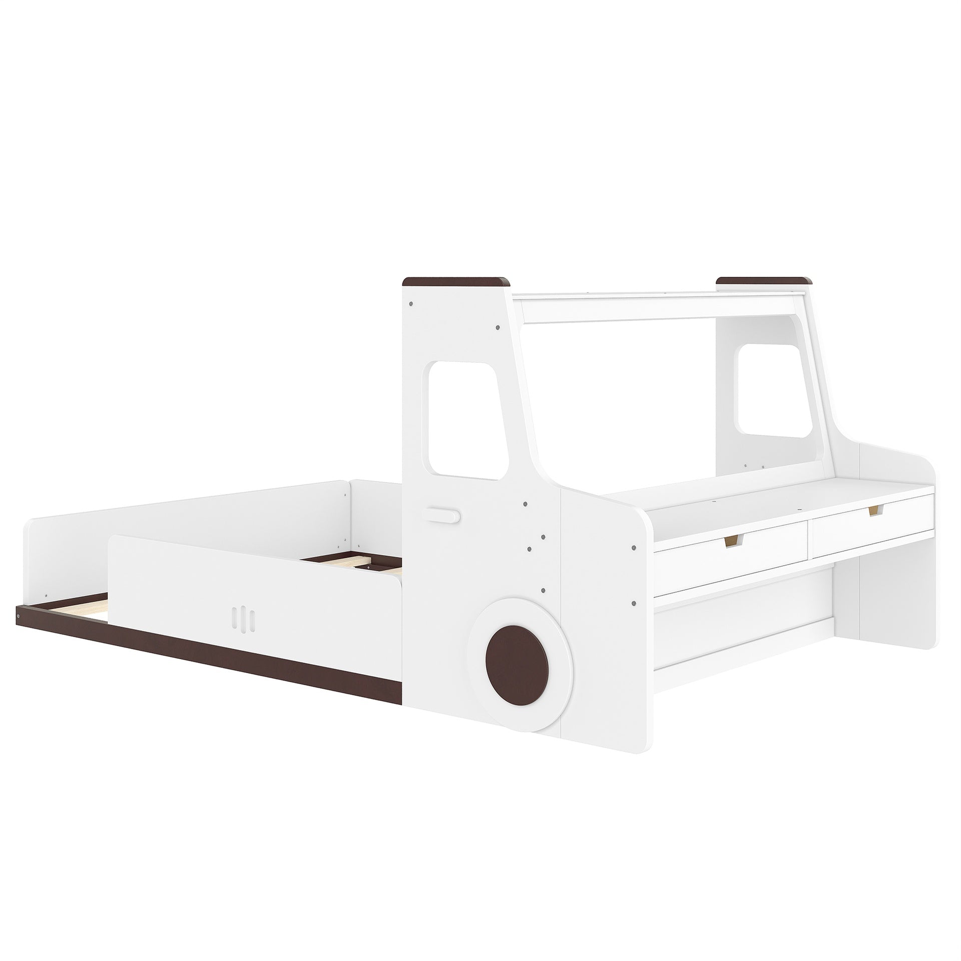 Full Size Floor Bed with Interesting Car-shape Design, Kids Car Floor Bed with Storage Drawers, Window, and Desk, Childlike Design, White
