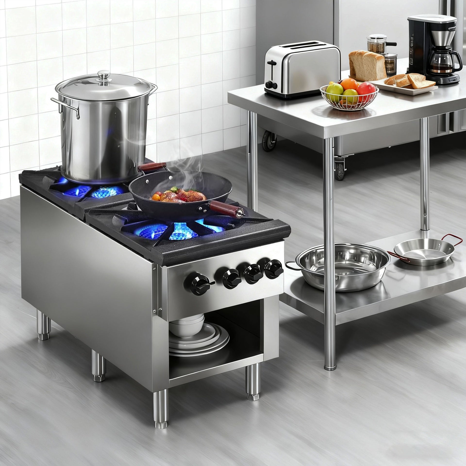 Commercial Gas Stove with 2 Burners, Propane and Natural Gas Countertop Cooking Stove Range, Stainless Steel Gas Hot Plate, Commercial Cooking Equipment for Restaurant, 180,000 BTU