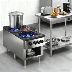 Commercial Gas Stove with 2 Burners, Propane and Natural Gas Countertop Cooking Stove Range, Stainless Steel Gas Hot Plate, Commercial Cooking Equipment for Restaurant, 180,000 BTU