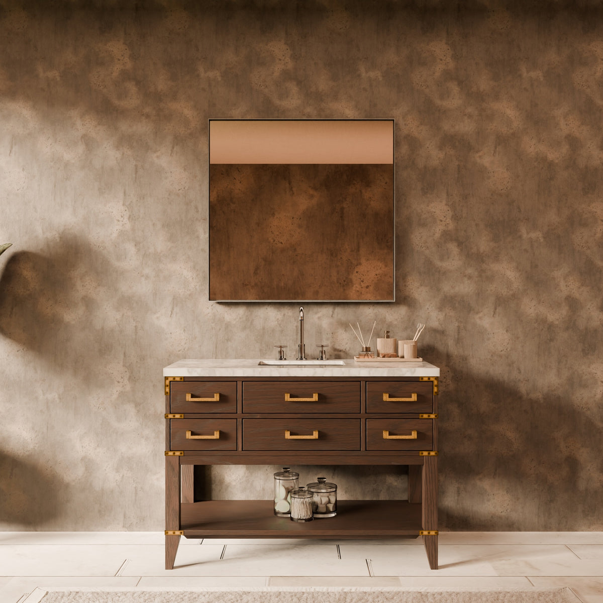 Brown Oak Single Bath Vanity 48 in. W x 22 in. D, with Carrara Marble Top